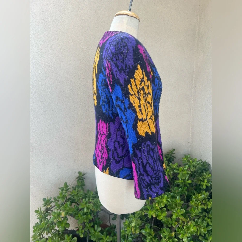 Vintage 80s knit New Wave cardigan sweater lined neon colors Sz M - Picture 3 of 12